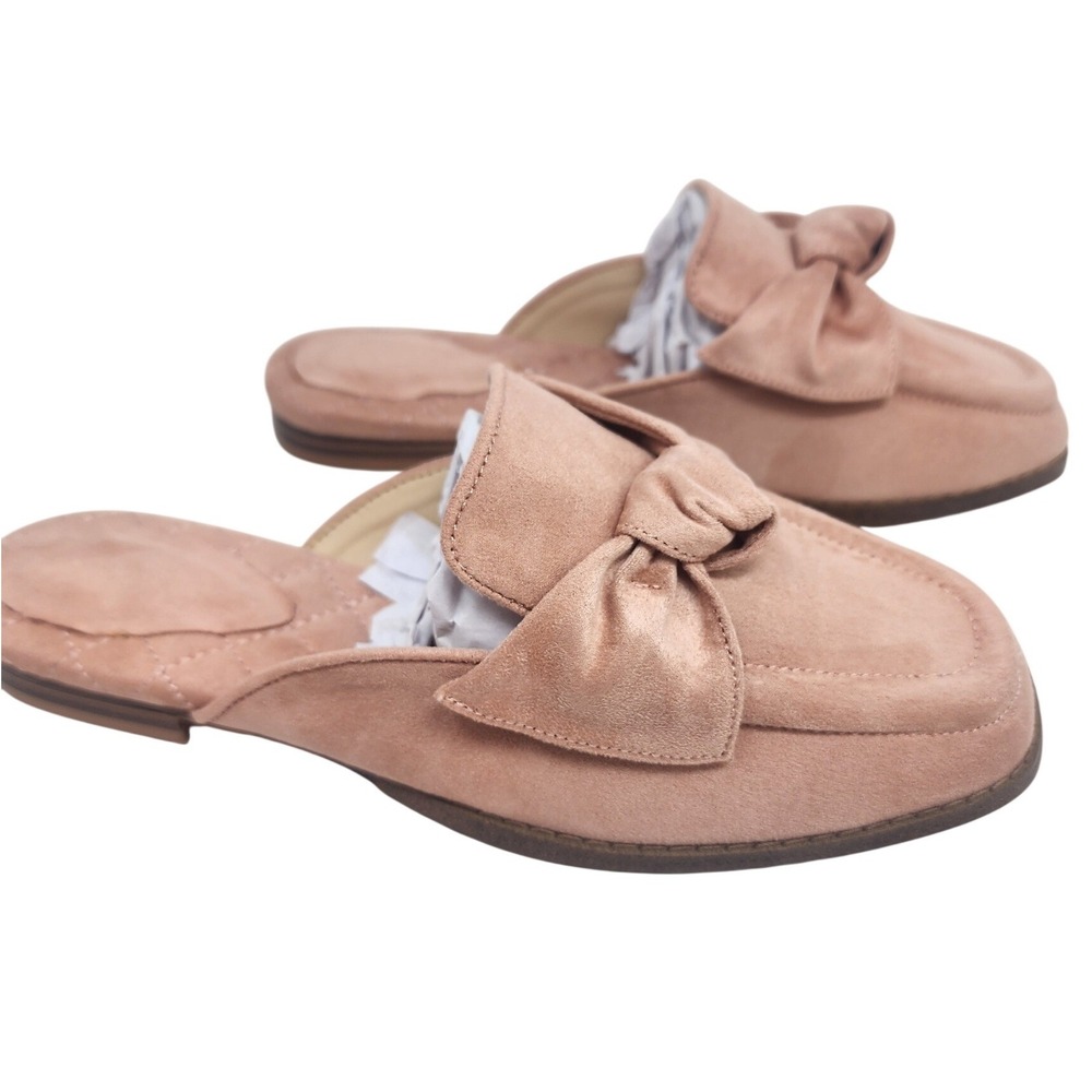 Women Blush Pink Faux Suede Bow Knot Mules Square Toe Flats Size 7 NEW